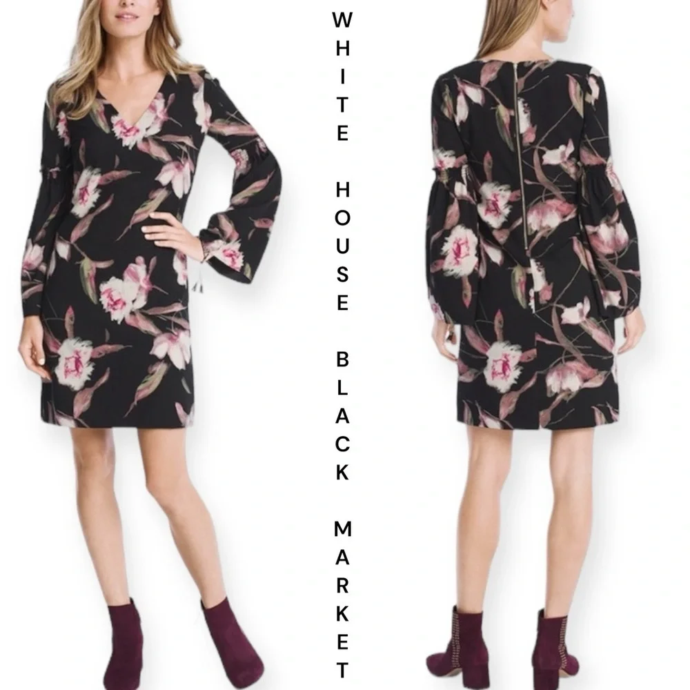 White House Black Market black pink floral bell sleeve shift dress size 8 - Picture 3 of 9